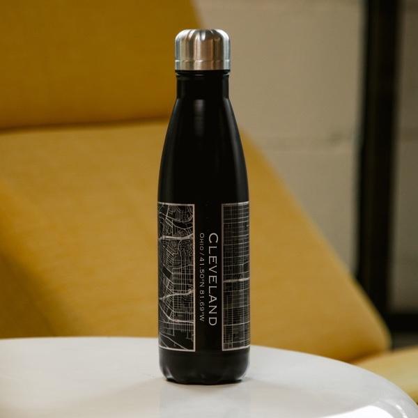 Cleveland Ohio Map Insulated Bottle in Matte Black with custom engraving options.